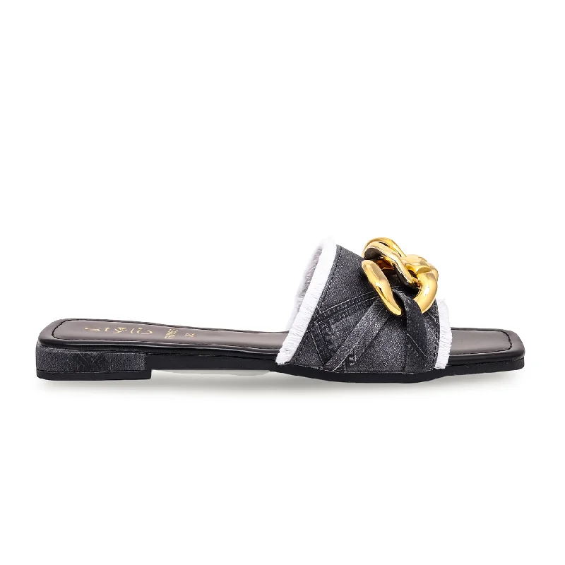 Trendy Slippers for Women with Faux Leather Sole-Black Formal Slipper FR8066